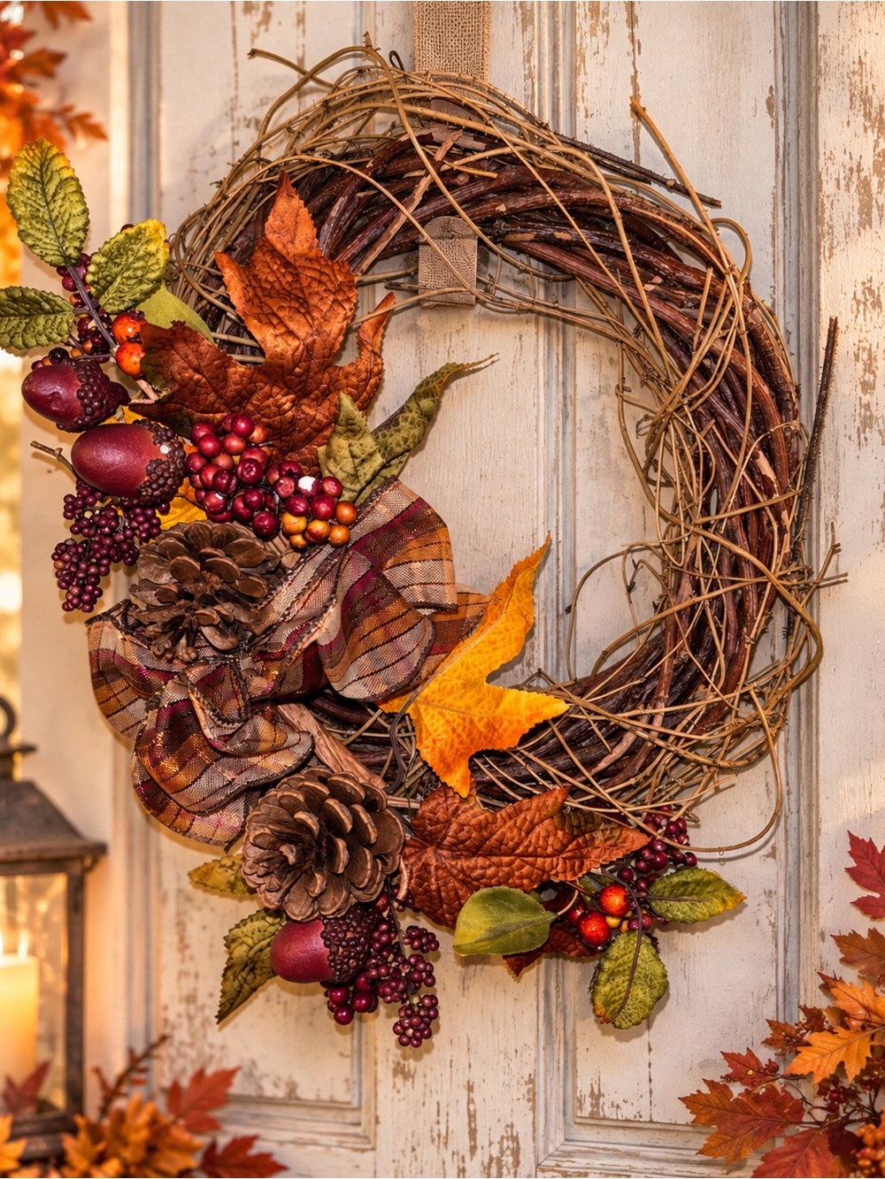 Autumn Harvest Fall Grapevine Wreath with Orange Leaves and Berries